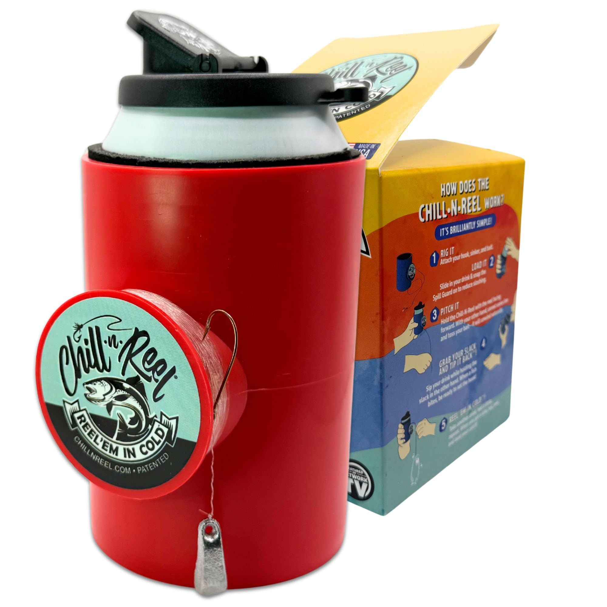 Chill-N-Reel fishing can cooler held in hand keeps drinks icy during fishing trips