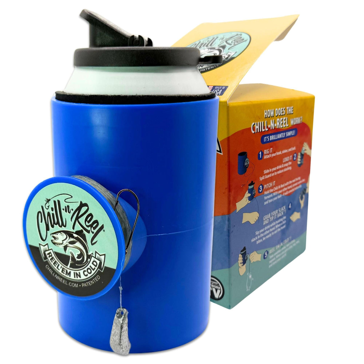 Chill-N-Reel hand line reel in use keeps drinks cold while fishing.