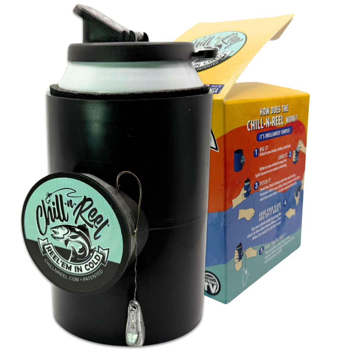Chill-N-Reel hand line reel integrated into the cooler for hands-free fishing on the go