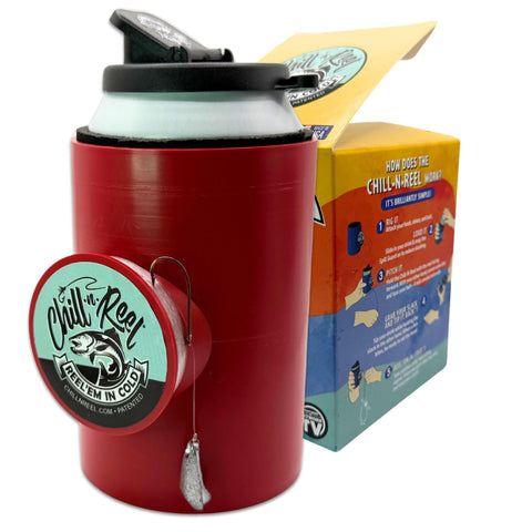 Chill-N-Reel US-made beer can cooler shown for durable outdoor use.