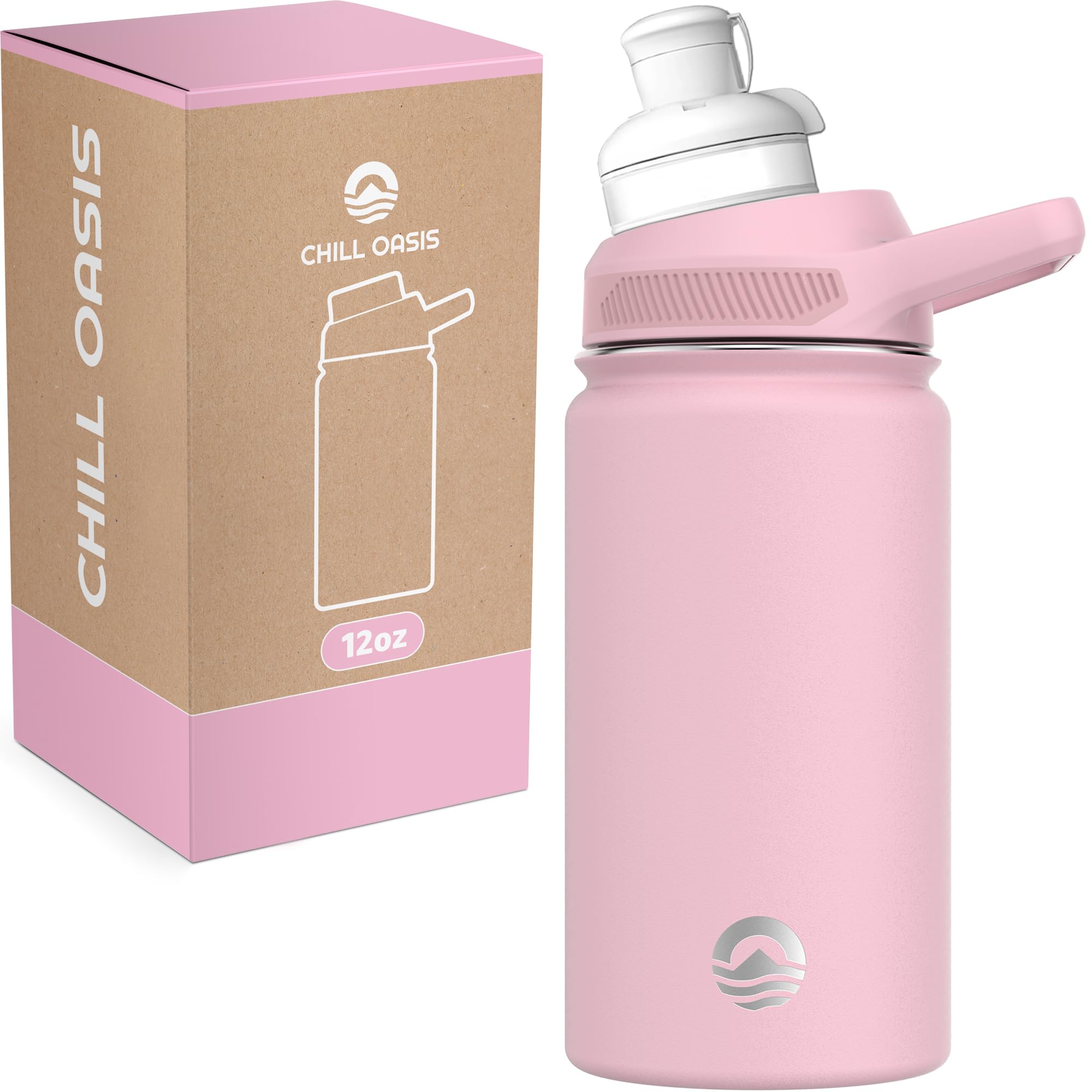Chill Oasis 12oz pink water bottle, front view for easy grip and portability.