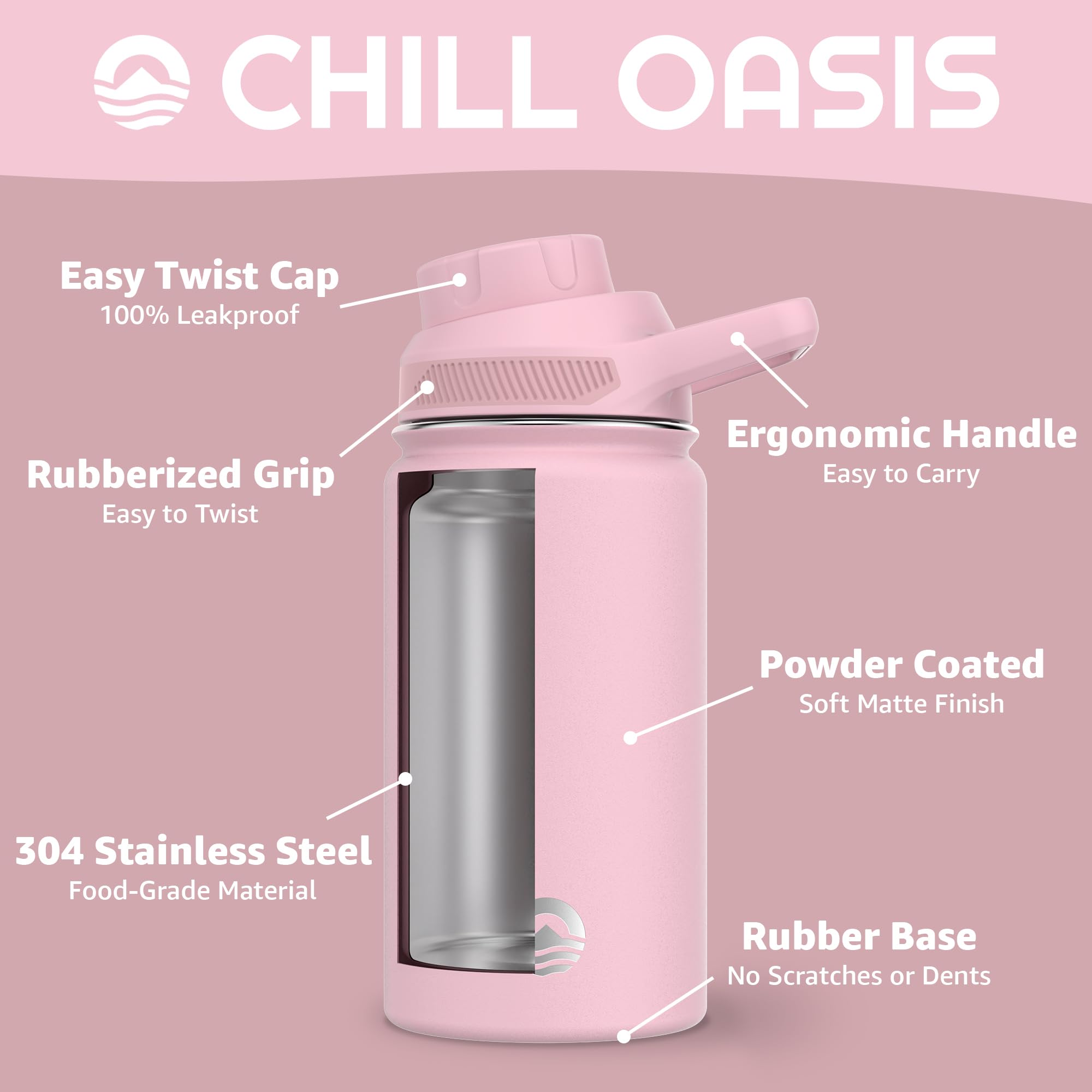 Chill Oasis double-walled vacuum insulation preserves cold beverages for hours.