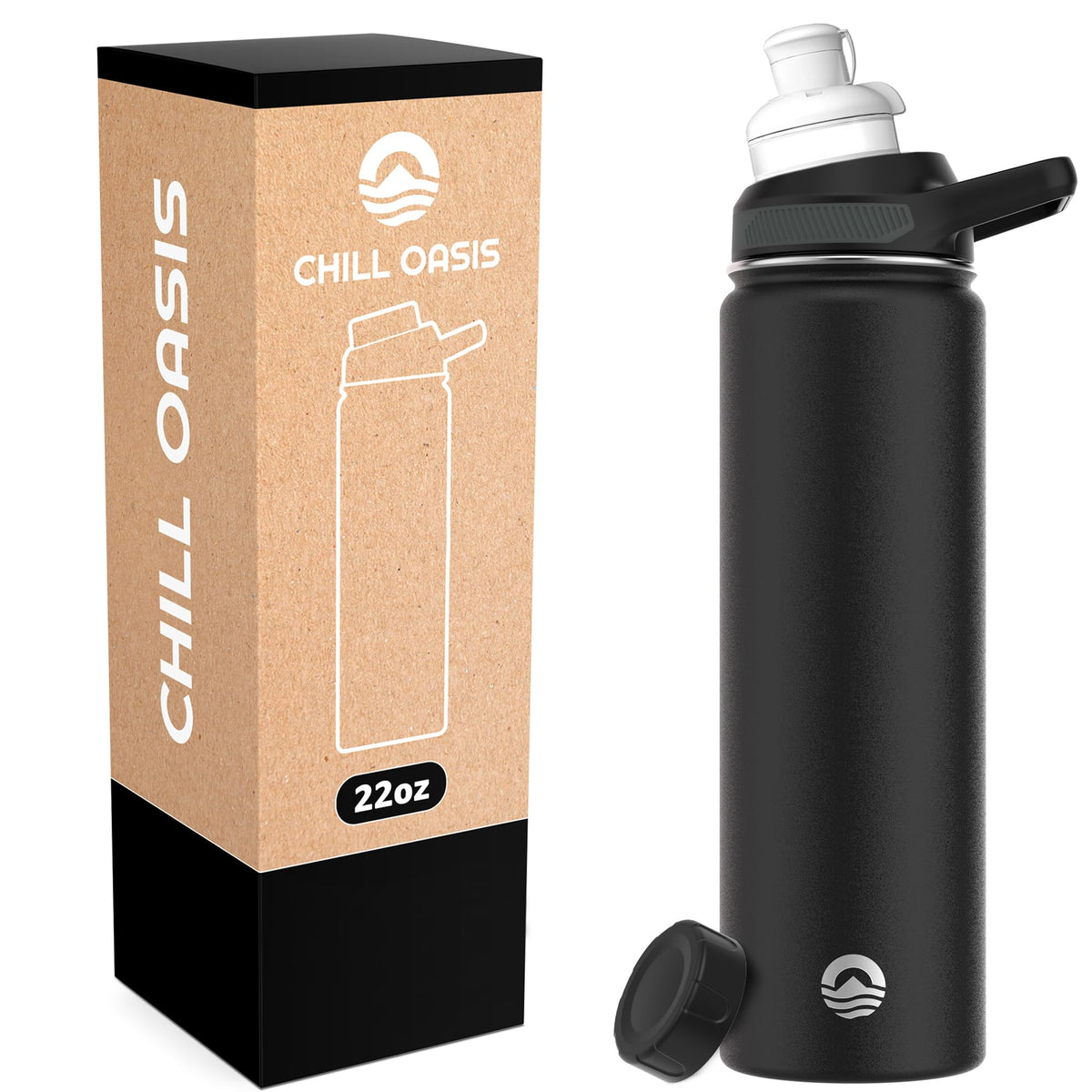 Chill Oasis Water Bottle front view shows sleek black finish and keeps beverages cold longer