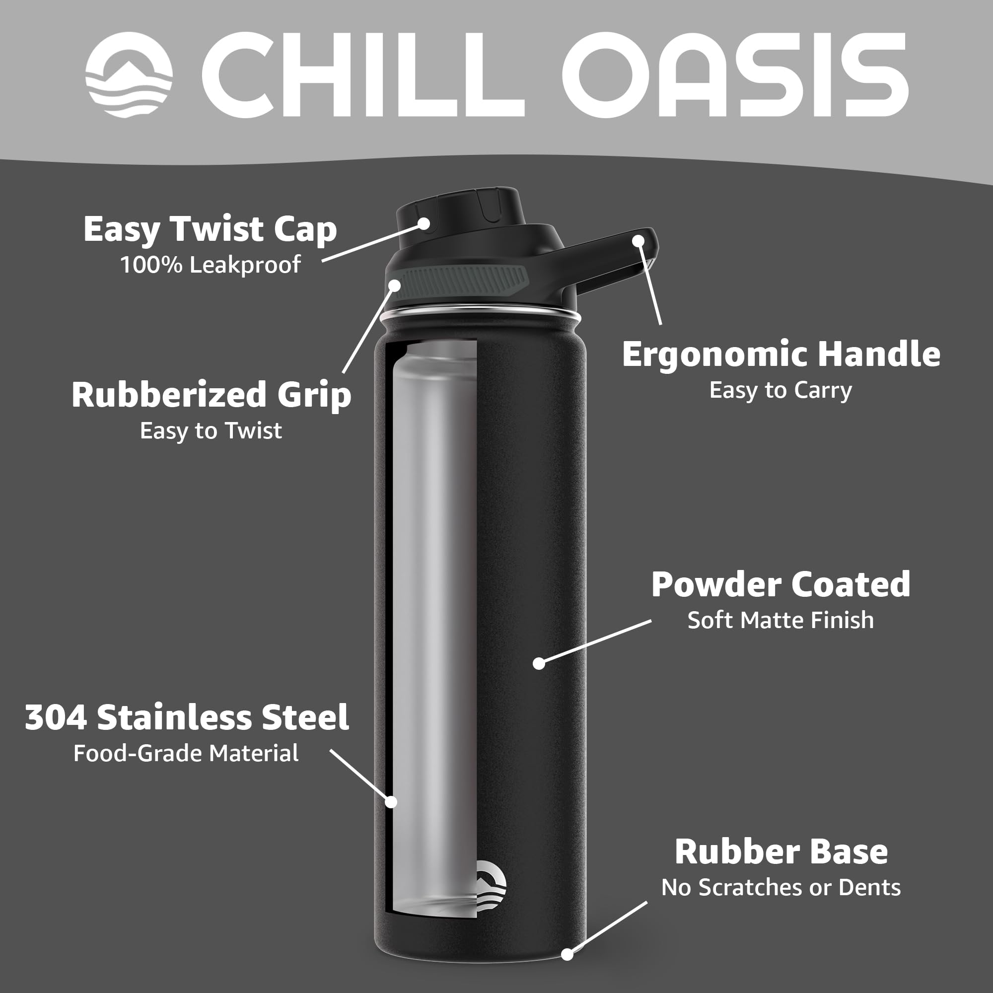 Chill Oasis Water Bottle insulation side demonstrates double-walled vacuum for long-lasting cool drinks