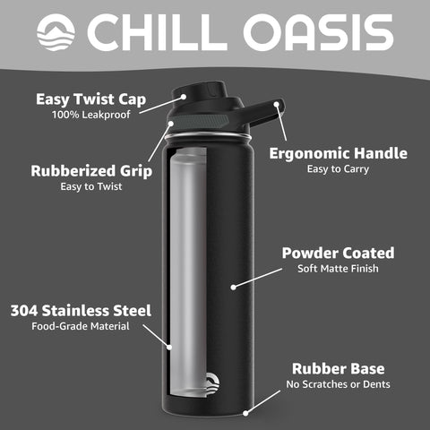 Chill Oasis Water Bottle insulation side demonstrates double-walled vacuum for long-lasting cool drinks