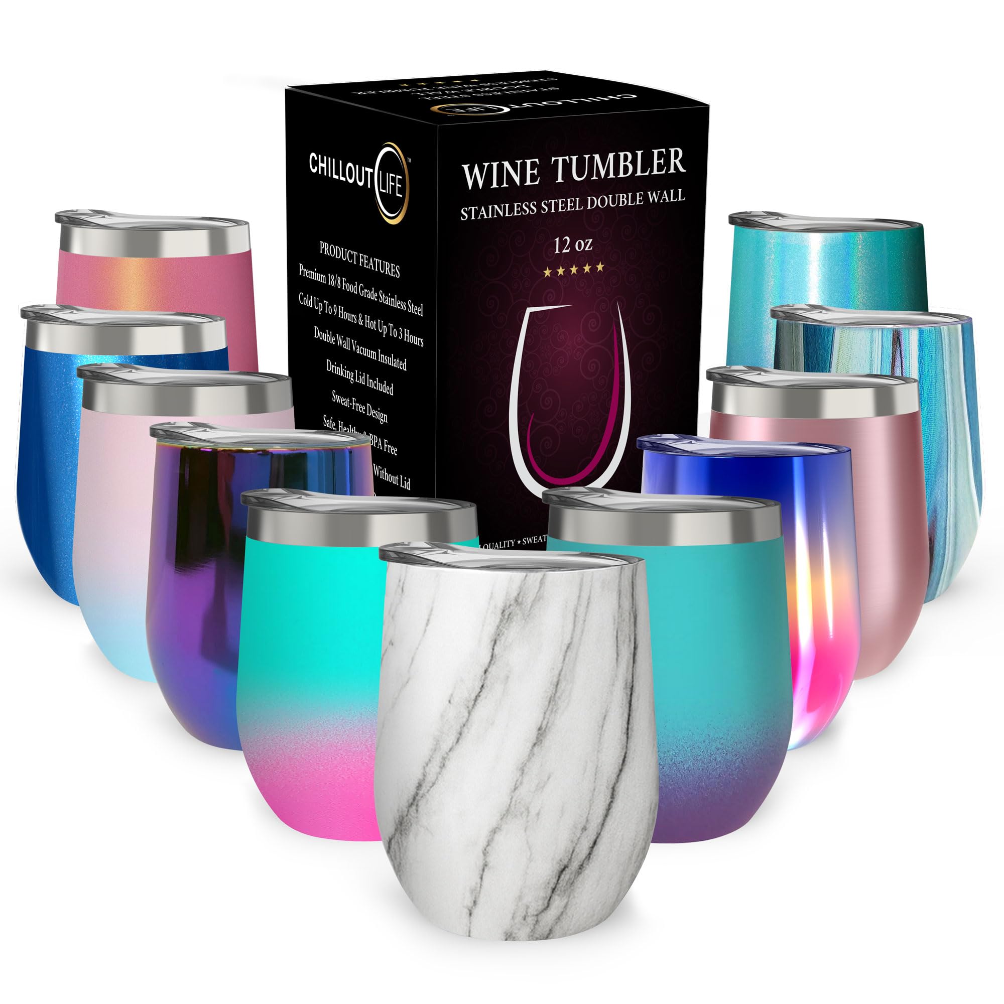 CHILLOUT LIFE 12oz wine tumbler with lid keeps beverages cold during outdoor use.