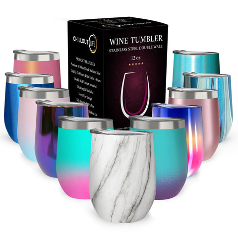 CHILLOUT LIFE 12oz wine tumbler with lid keeps beverages cold during outdoor use.