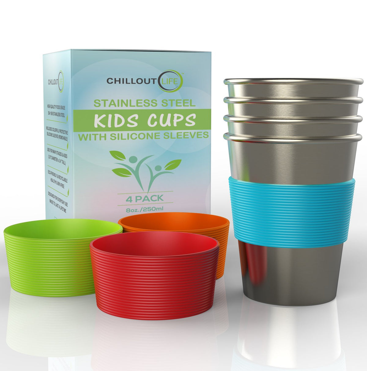 Chillout Life 8oz kids stainless steel cup with silicone sleeve for easy grip and durable daily use