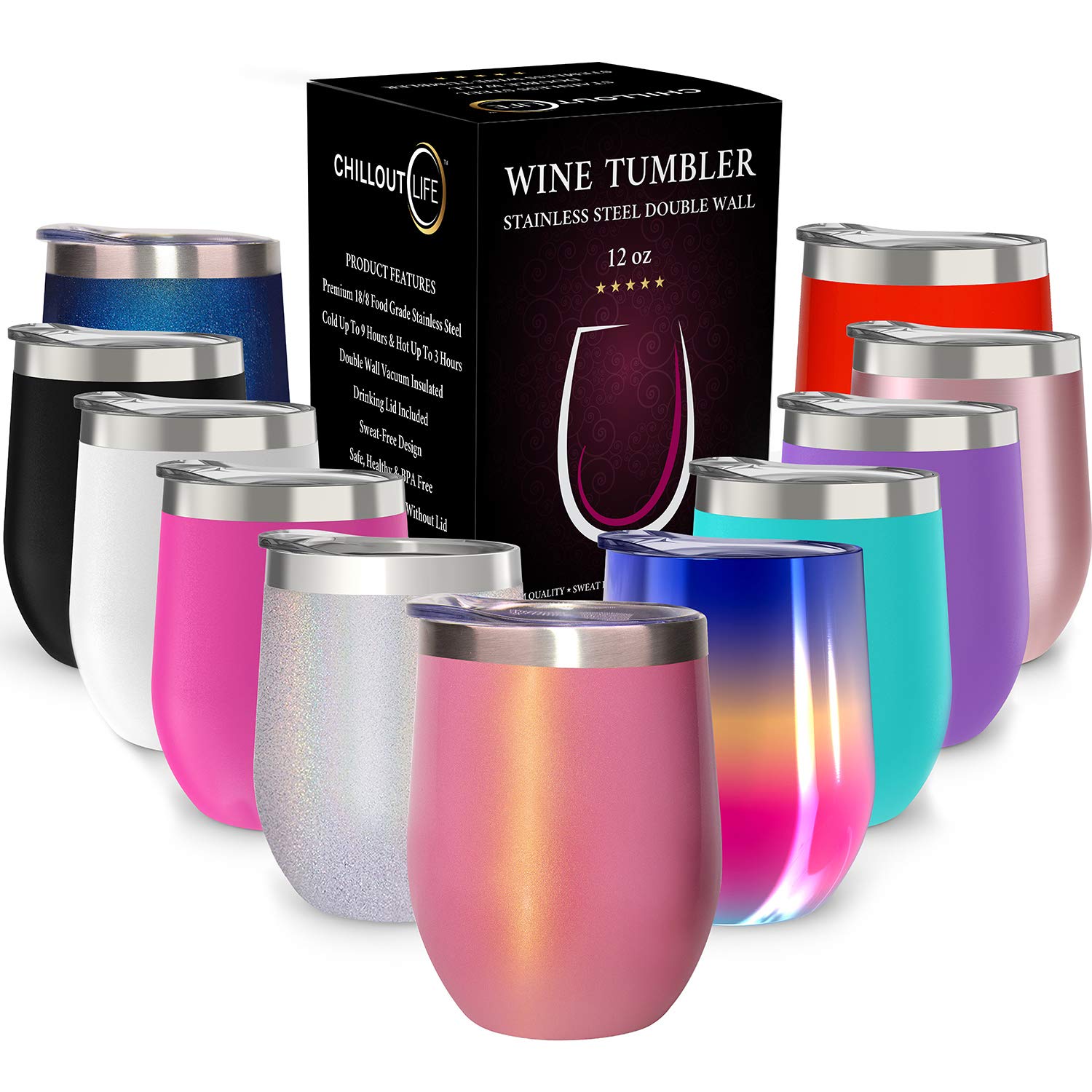 CHILLOUT LIFE pink sparkle 12oz tumbler with lid for outdoor sipping