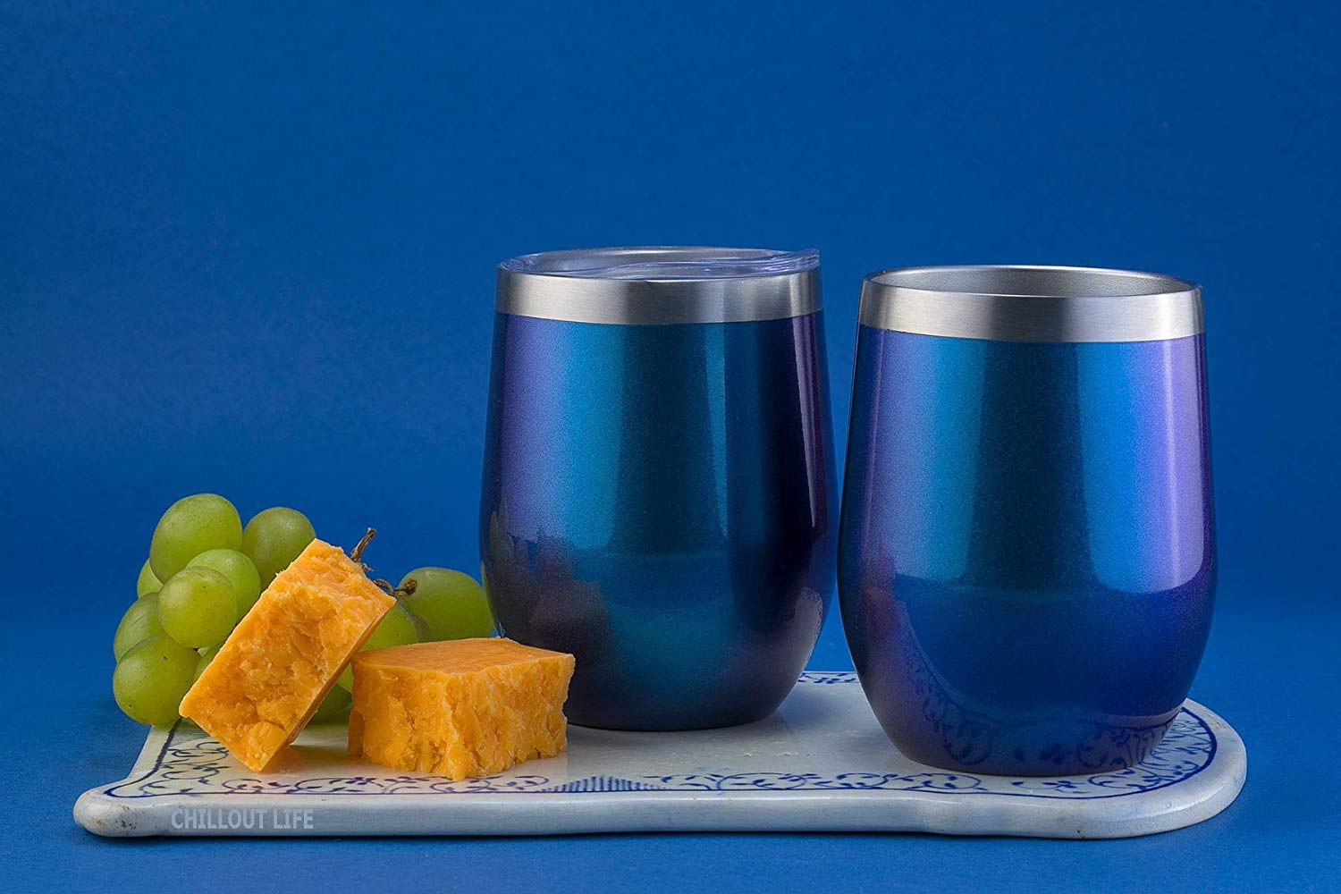 chilout life 12oz wine tumbler blue sparkle holding hot coffee on the go