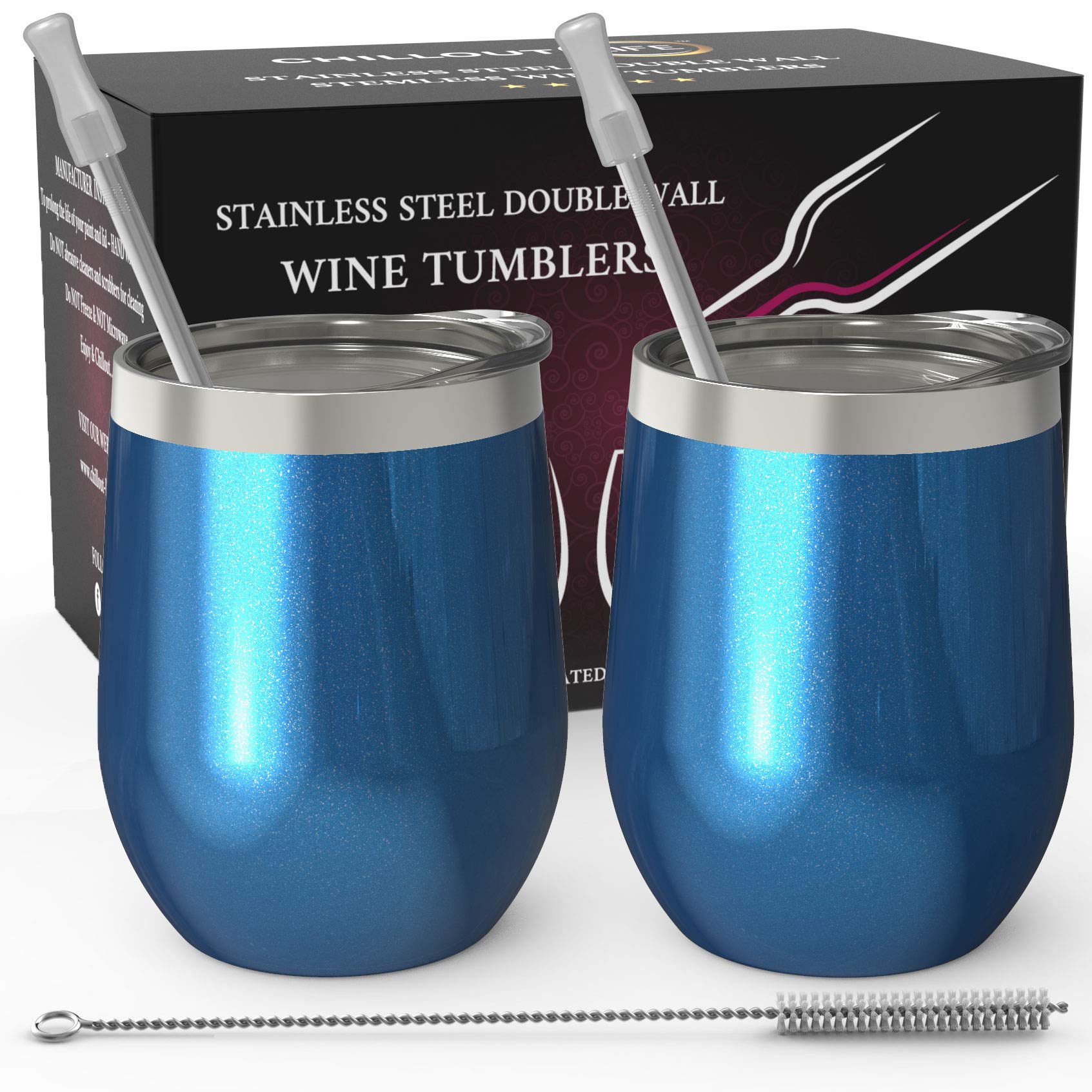 chilout life 12oz wine tumbler blue sparkle outer view keeps drinks cold