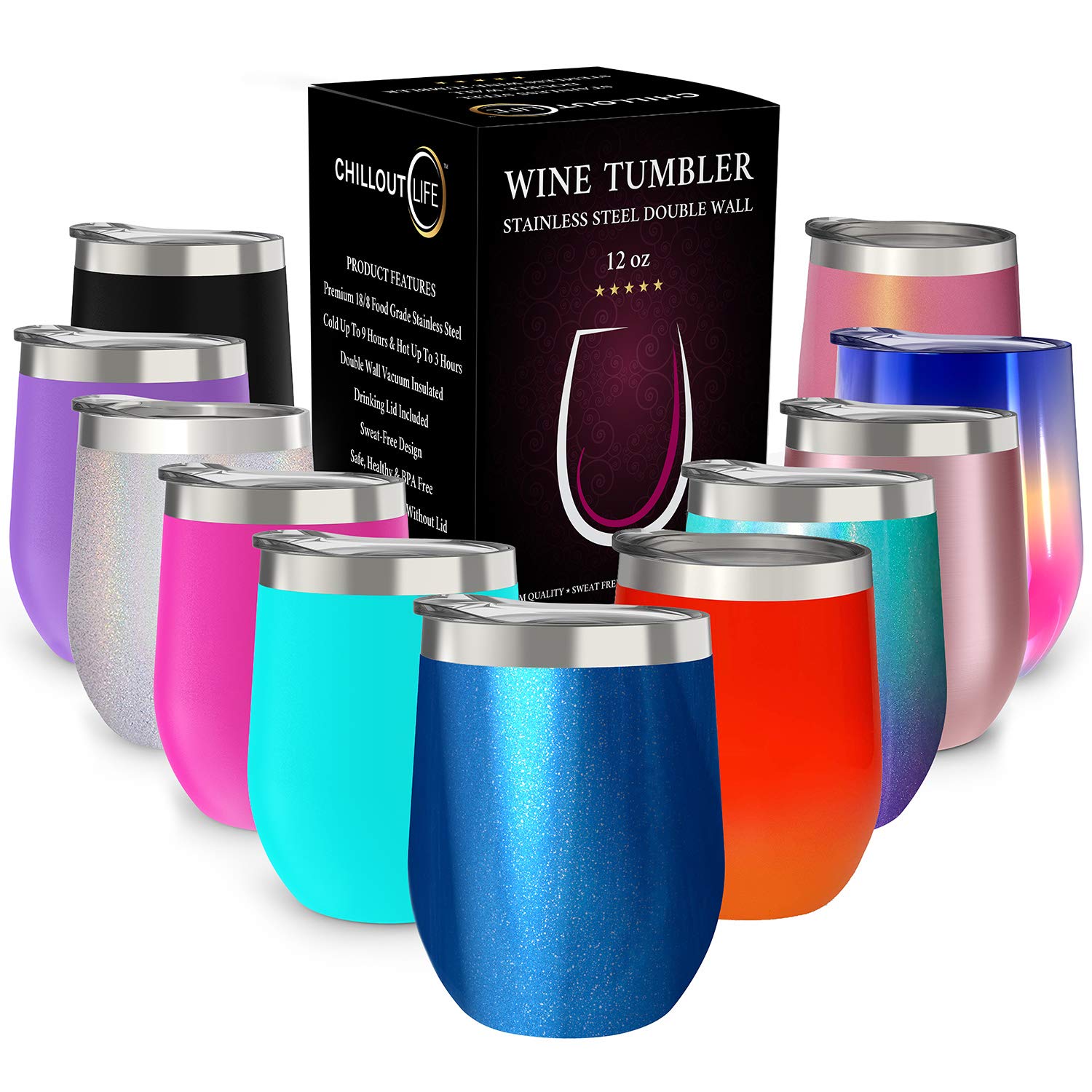 CHILLOUT LIFE 12 oz wine tumbler with lid in blue sparkle keeps beverages cold for hours