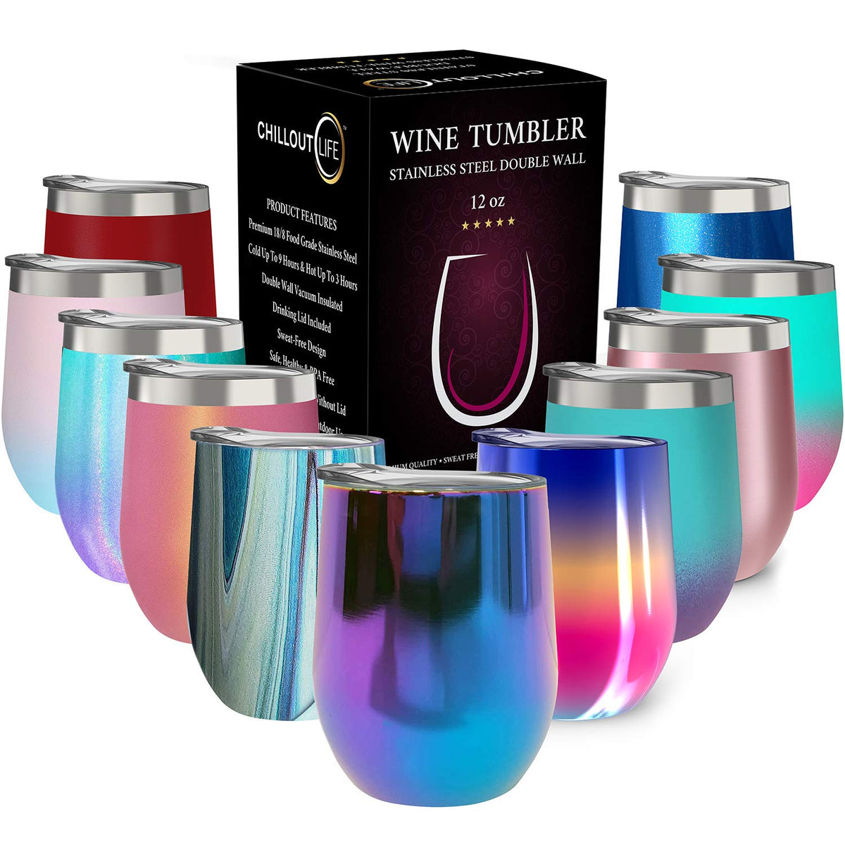 CHILLOUT LIFE 12 oz wine tumbler with lid in blue, perfect for on-the-go sipping.