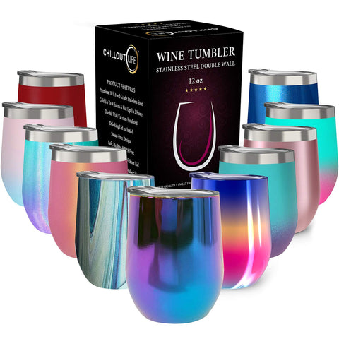 CHILLOUT LIFE 12 oz wine tumbler with lid in blue, perfect for on-the-go sipping.