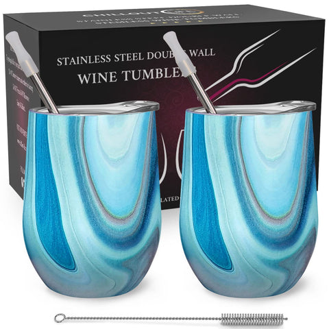 CHILLOUT LIFE 12 oz wine tumbler with ocean marble pattern for stylish outdoors.