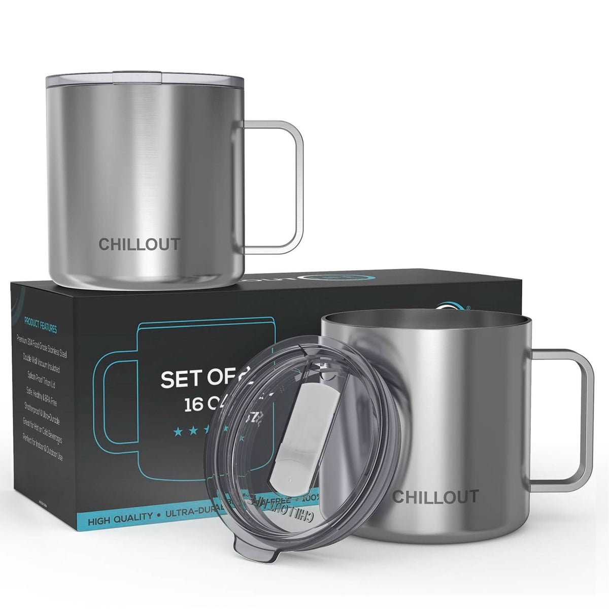 CHILLOUT LIFE 16oz stainless mug with handle and lid for hot or cold beverages