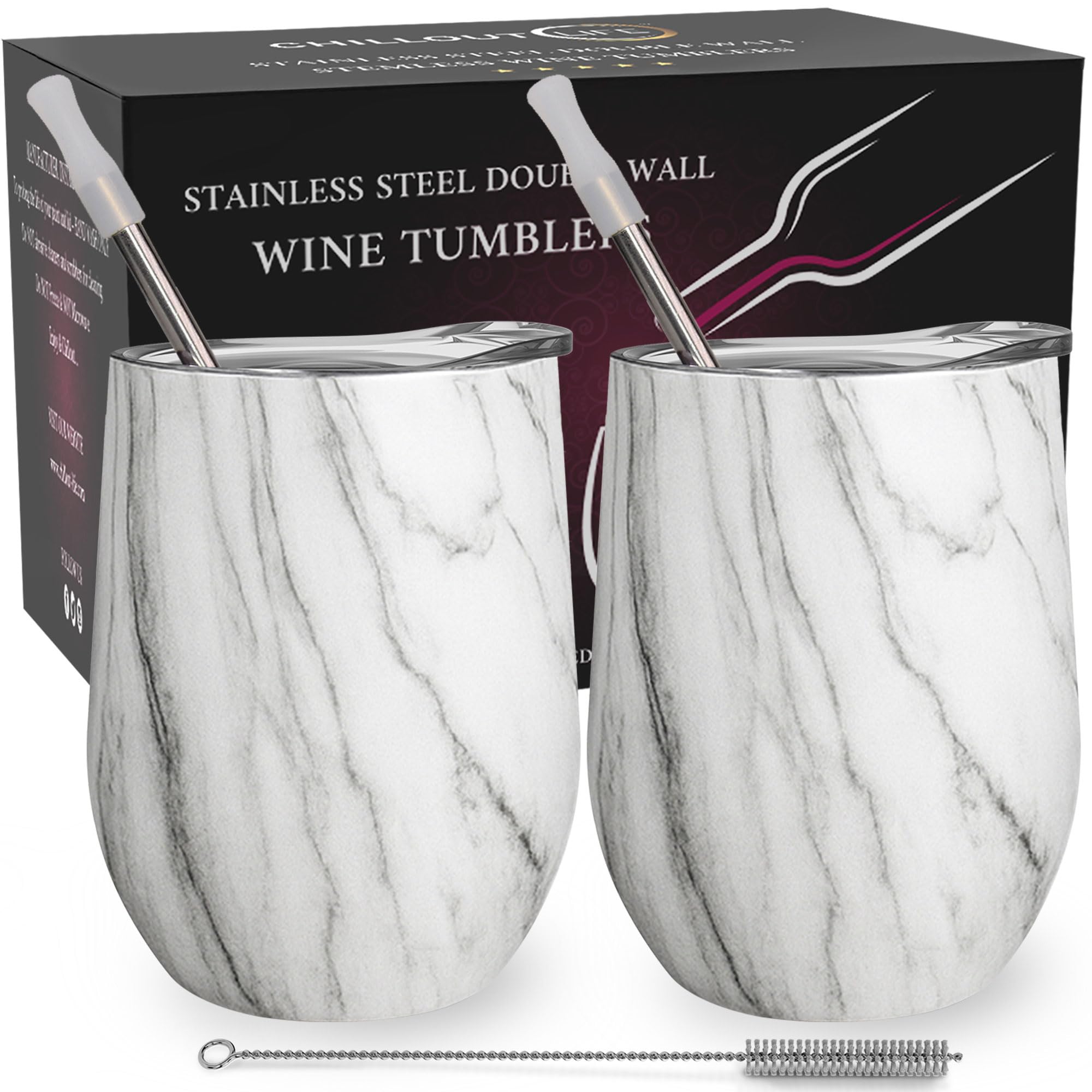CHILLOUT LIFE Carrara marble 12oz wine tumbler with lid keeps drinks mess-free outdoors.