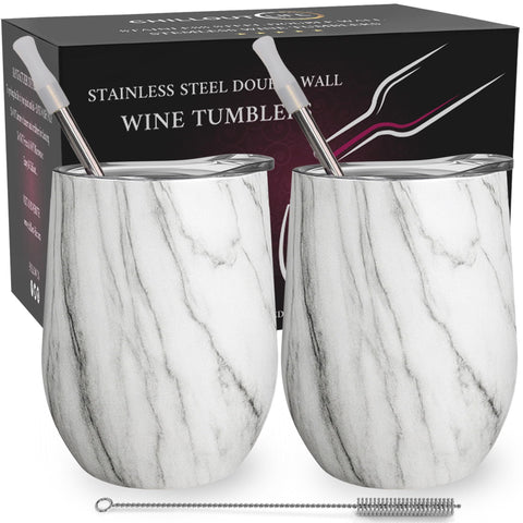 CHILLOUT LIFE Carrara marble 12oz wine tumbler with lid keeps drinks mess-free outdoors.