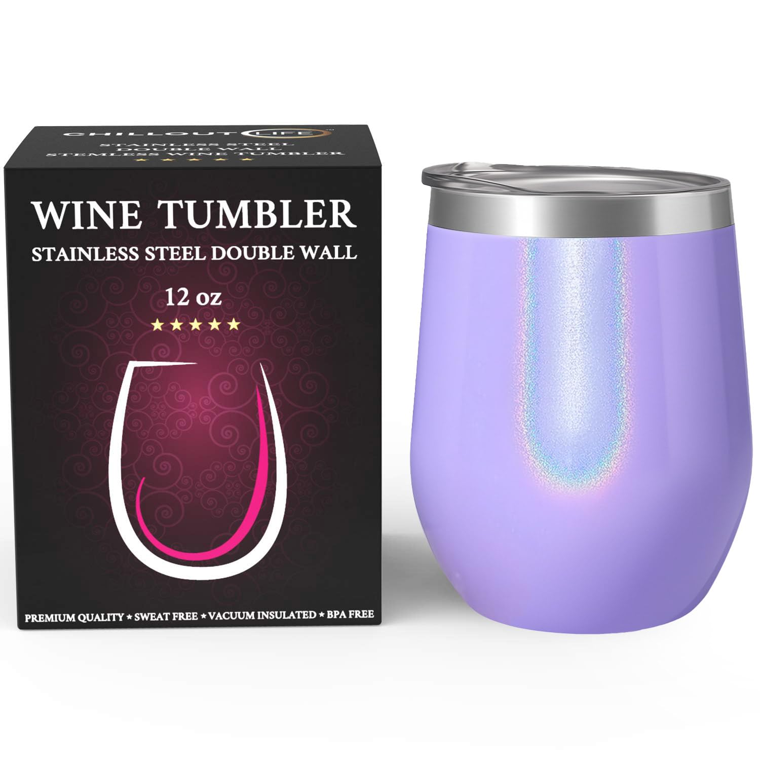 CHILLOUT LIFE purple sparkle insulated tumbler shows double-wall insulation for hot beverages.