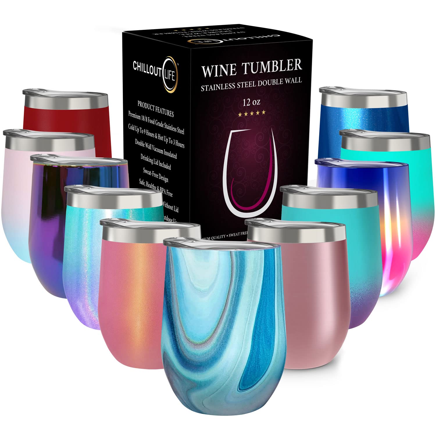CHILLOUT LIFE 12oz wine tumbler with lid for on-the-go sipping and stability