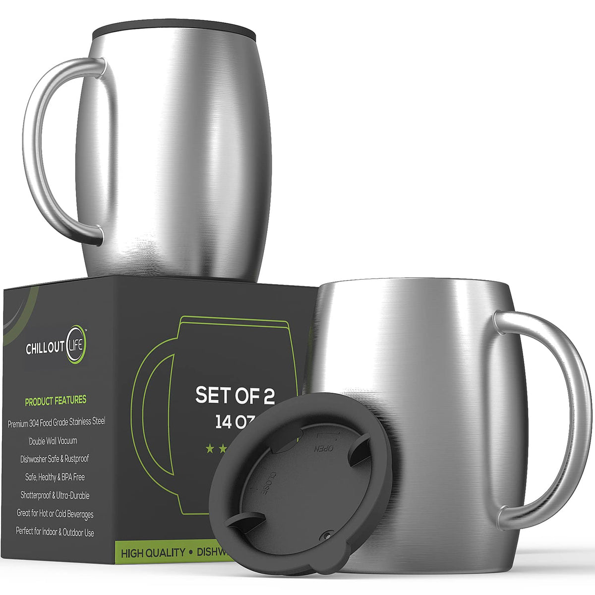 CHILLOUT LIFE spill-resistant lid on the 14oz mug for secure travel.