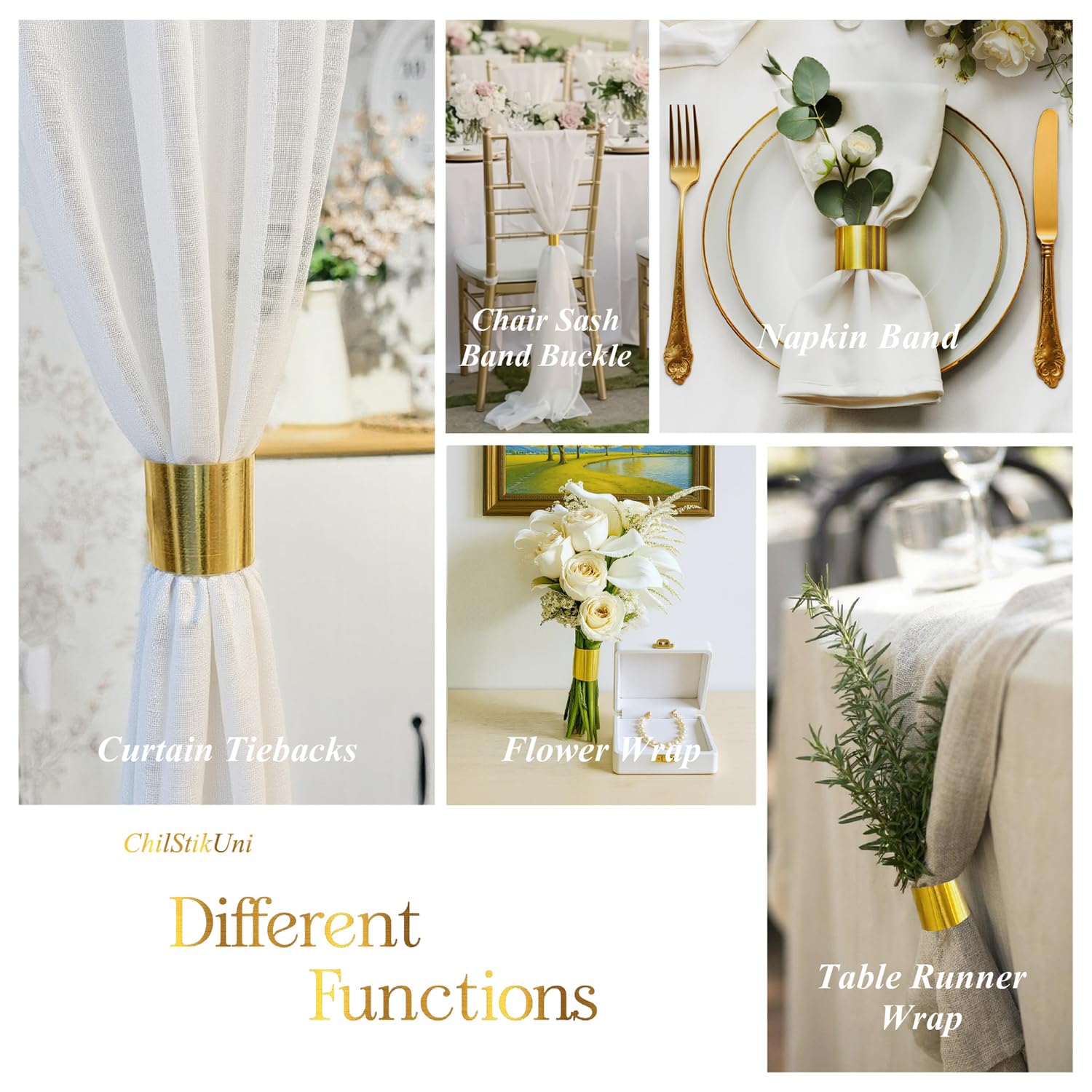 ChilStikUni brushed gold buckle napkin rings on display for events.