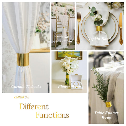 ChilStikUni brushed gold buckle napkin rings on display for events.