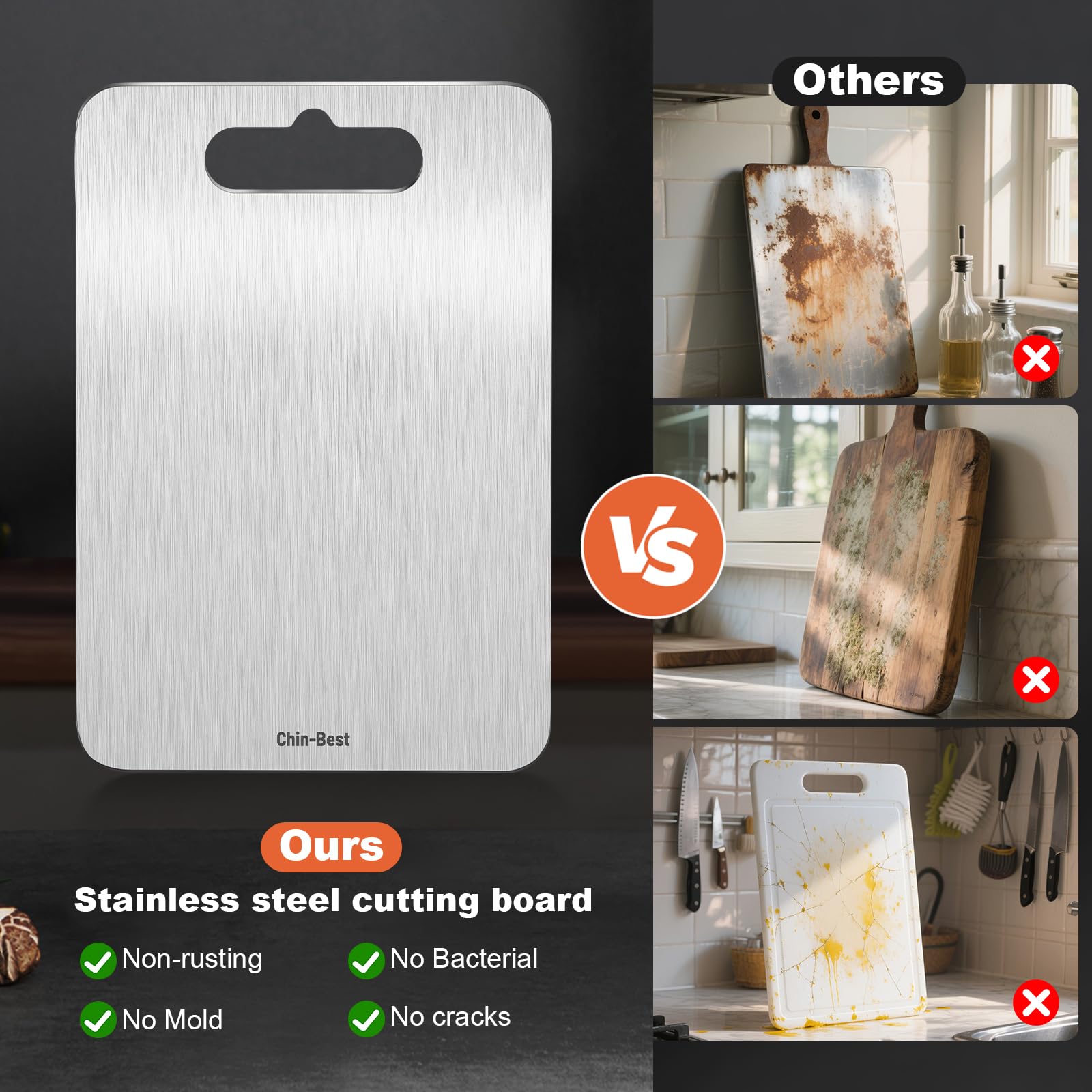 Chin-Best cutting board for vegetables prep, non-porous surface resists staining.