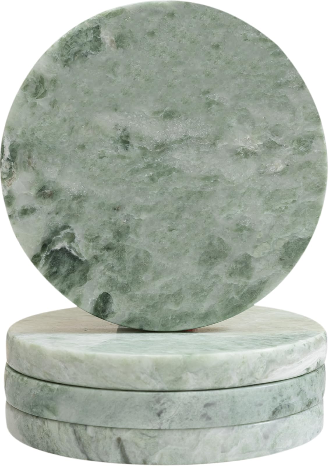 CHISELED ST DF SK green marble coaster with natural veining and cork backing.