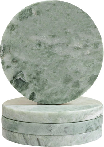 CHISELED ST DF SK green marble coaster with natural veining and cork backing.