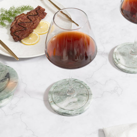 CHISELED ST DF SK green marble coaster suitable for wine glasses and coffee mugs.