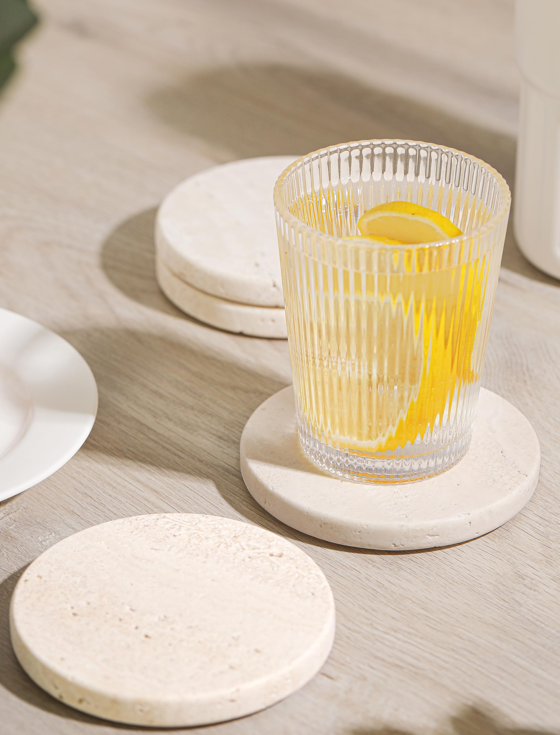 CHISELED ST DF SK White Travertine coaster set 4 with cork back stays in place