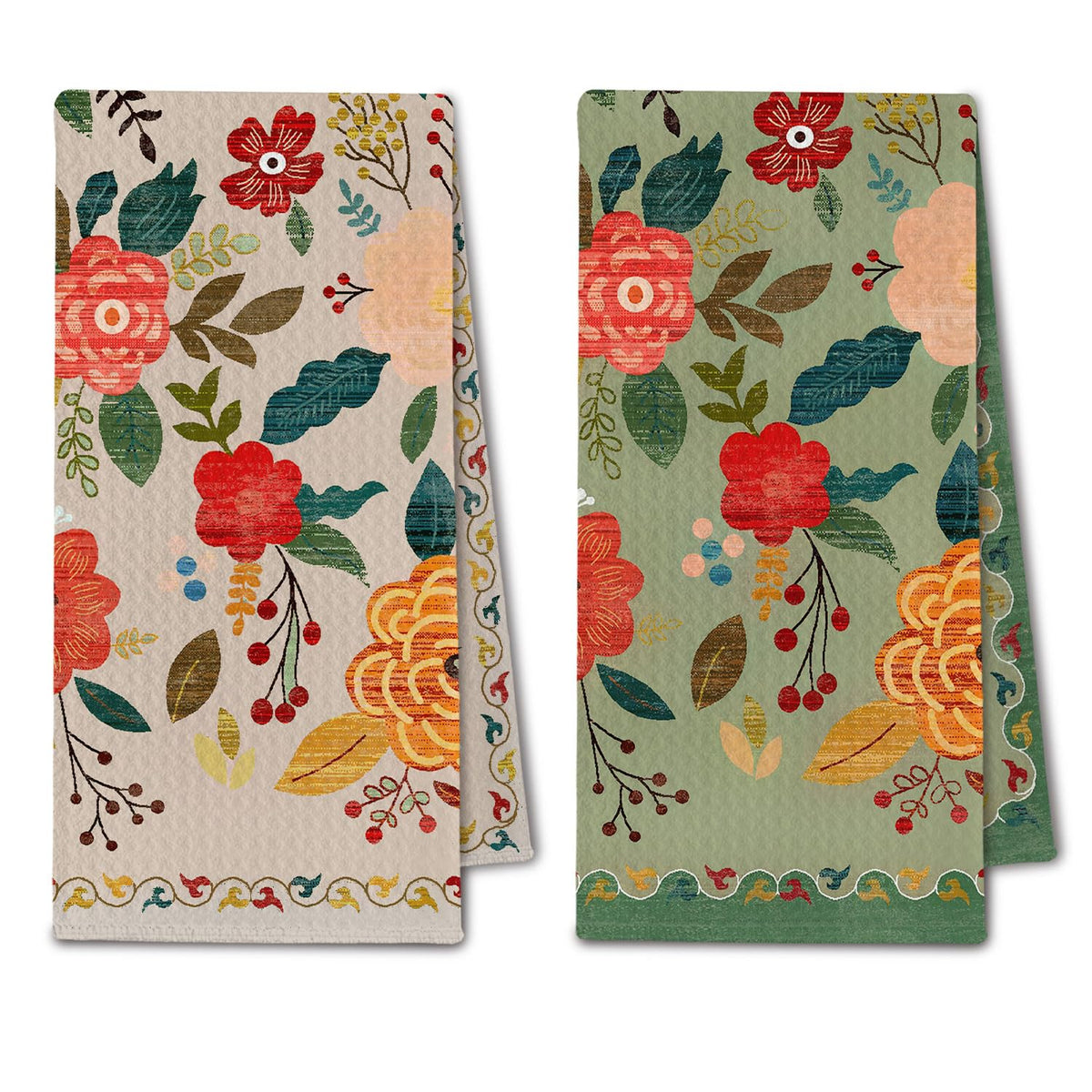 ChissNook vintage boho floral towel pattern adds kitchen decor flair and color.