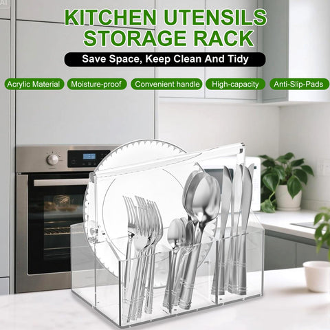 Chivalral acrylic utensil holder shows drainage holes for quick drying after washing.