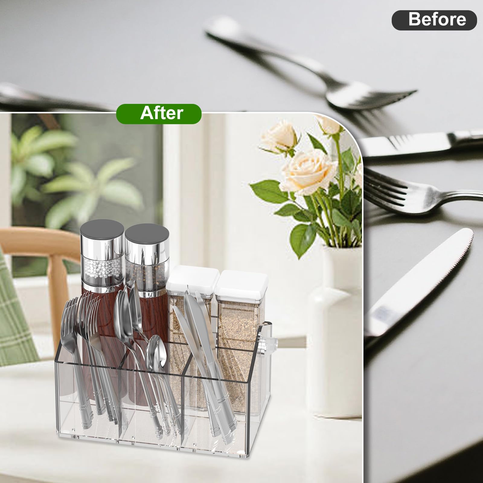 Chivalral four-compartment storage neatly separates knives, forks, spoons for quick access.