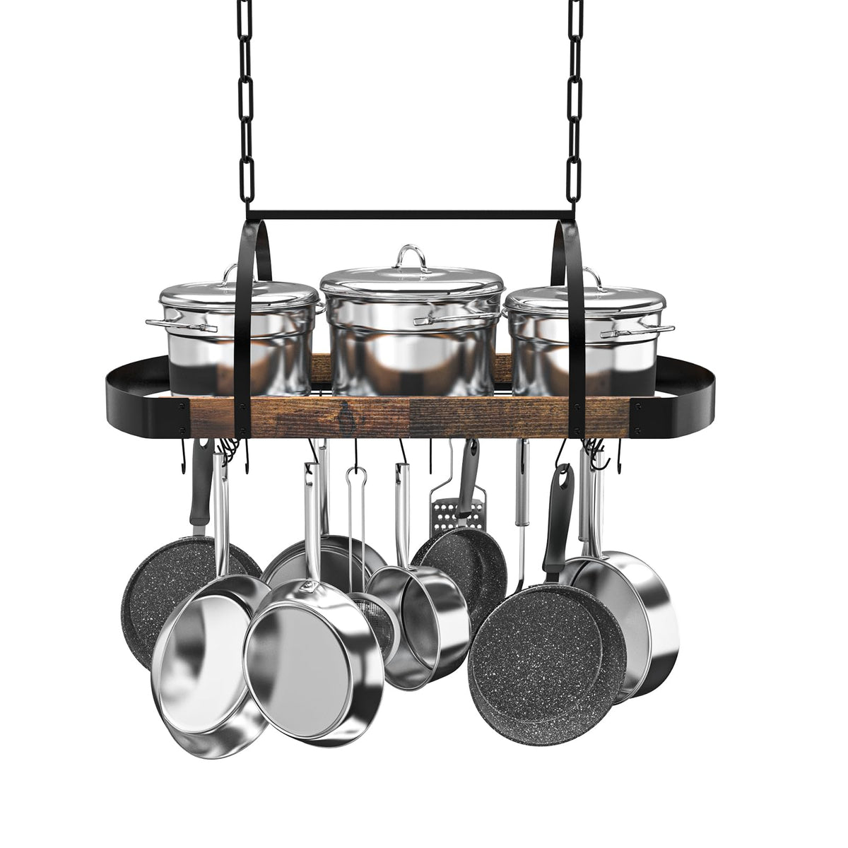 Chloraeon hanging pot rack mounted to ceiling for space-saving kitchen storage