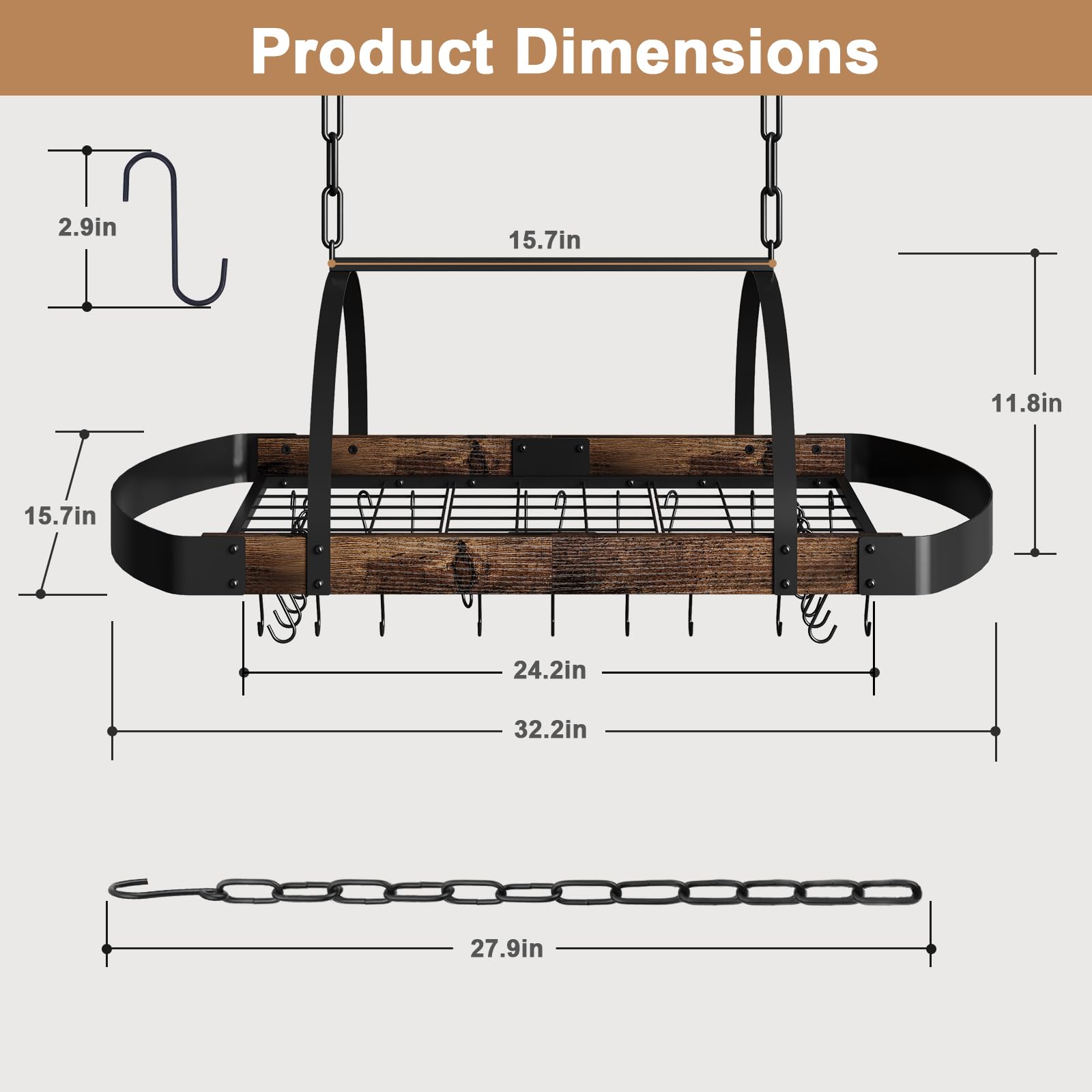Chloraeon pot hanger with 16 detachable hooks for organized cookware