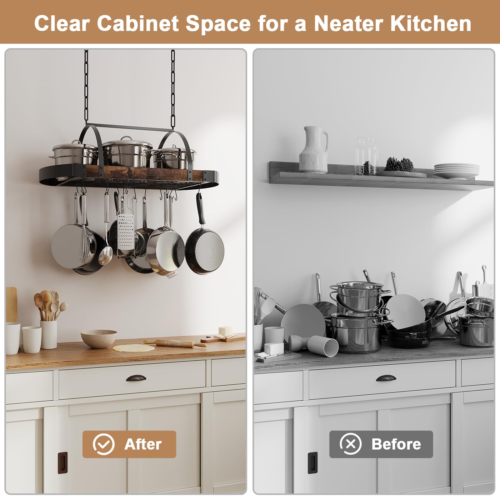 Chloraeon versatile storage above stove or island for pots and utensils
