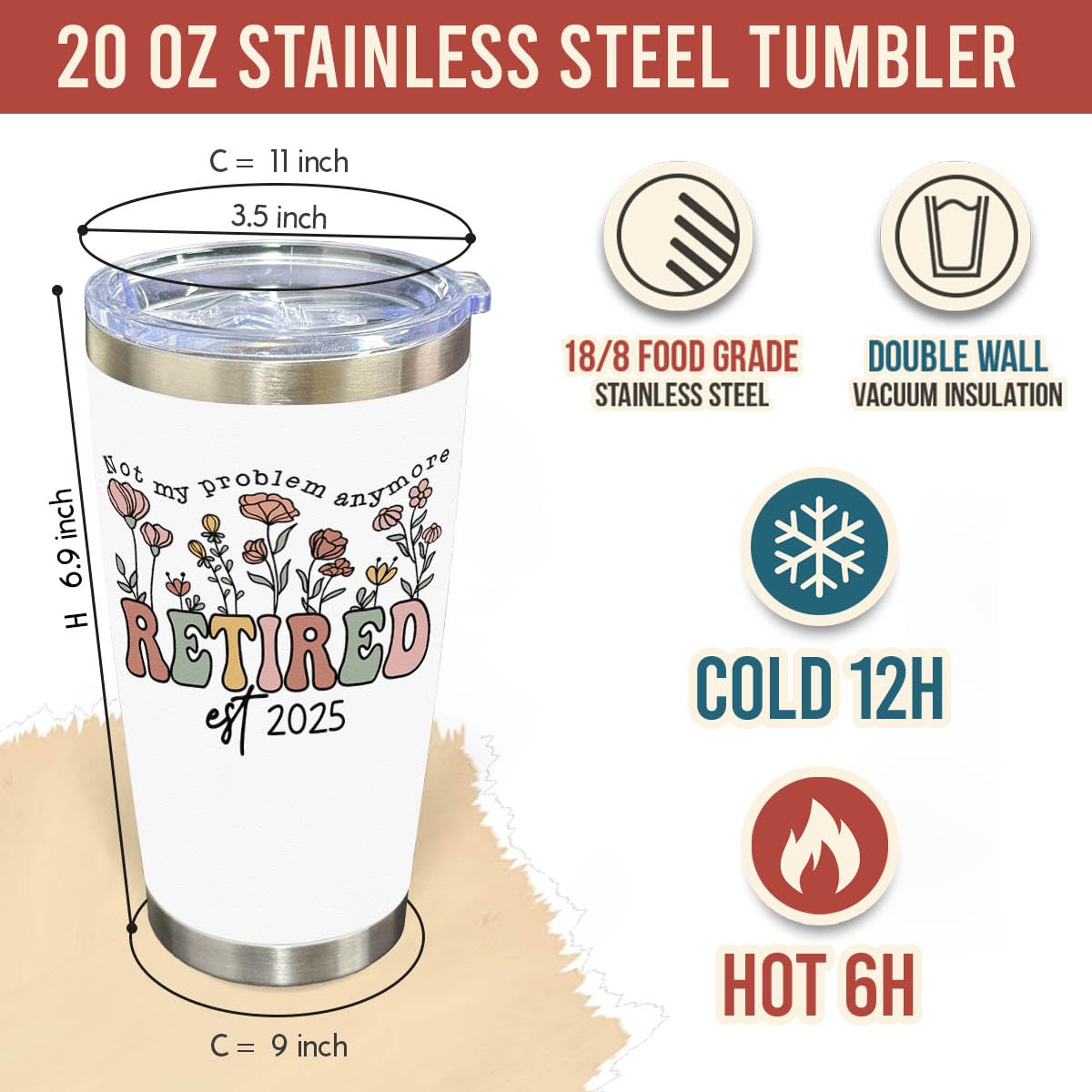 CHOANG retirement tumbler demonstrates double-wall insulation for hot or cold drinks.