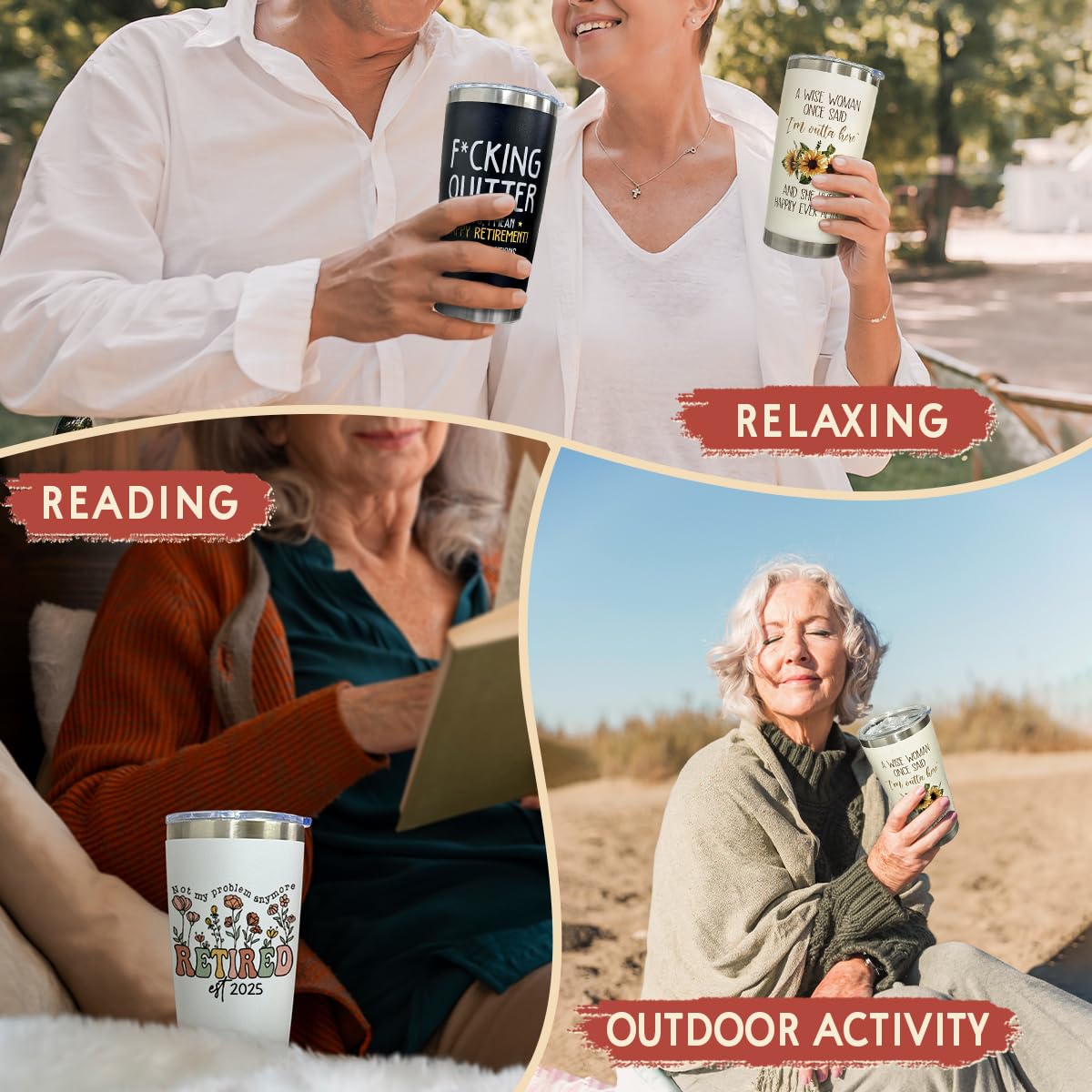 CHOANG retirement tumbler fits most cup holders for easy commuting.