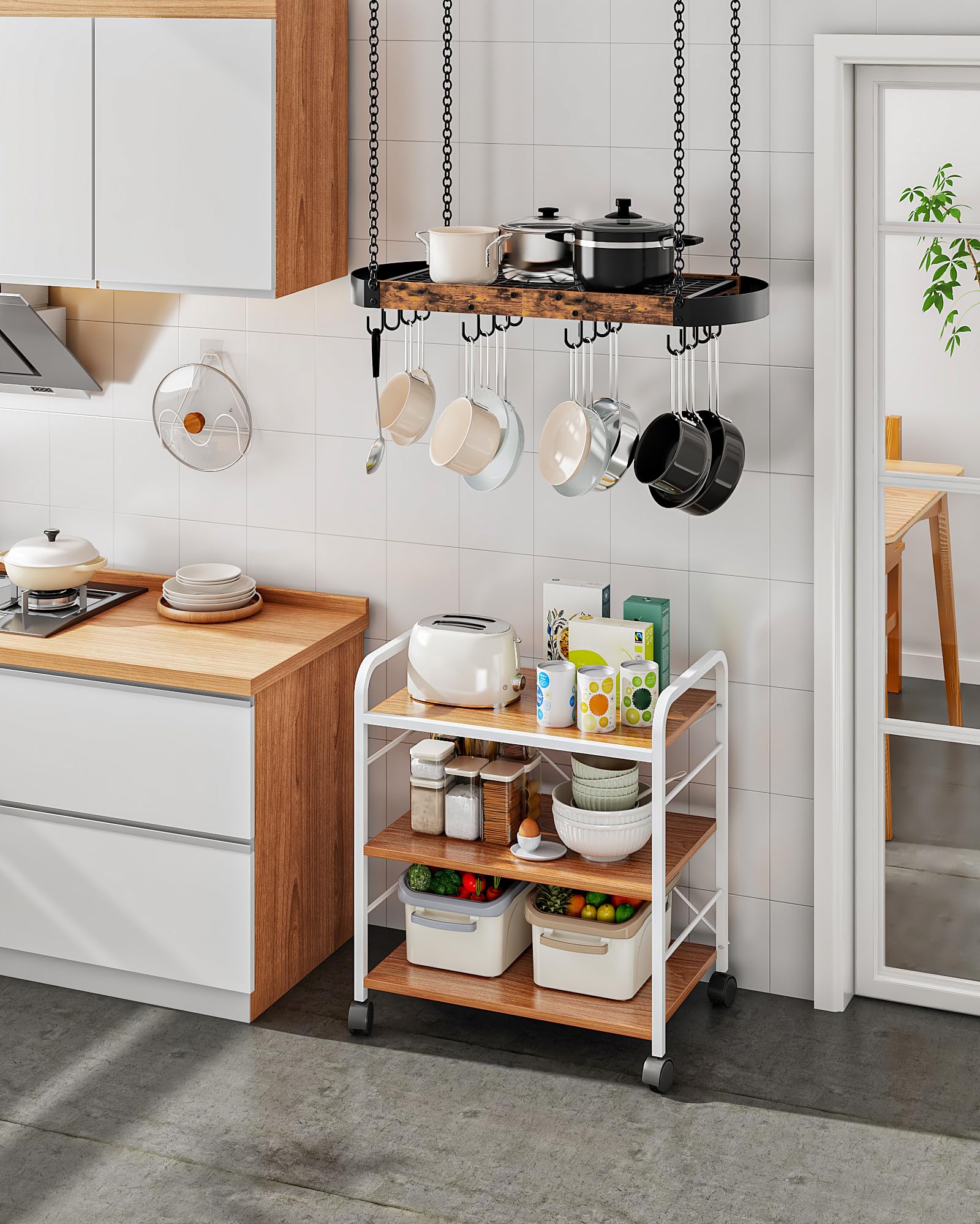 CHOEZON 31-7 inch pot rack side view highlighting compact overhead organization in a kitchen.