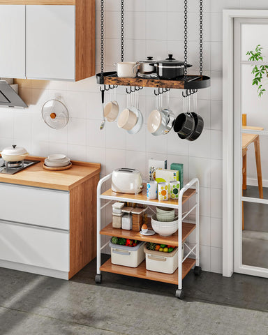 CHOEZON 31-7 inch pot rack side view highlighting compact overhead organization in a kitchen.