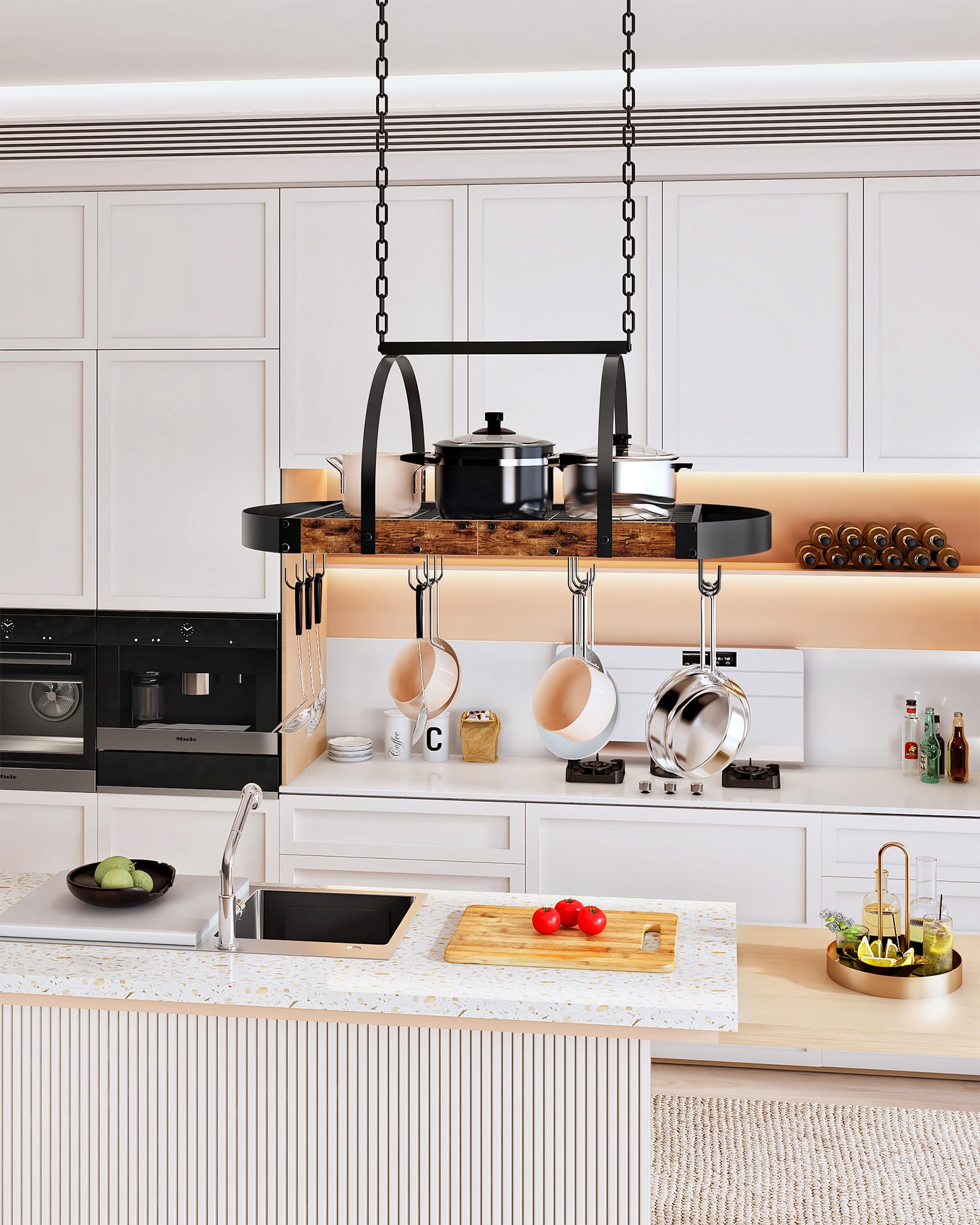 CHOEZON ceiling-mounted pot rack boosts overhead storage for pots and pans.