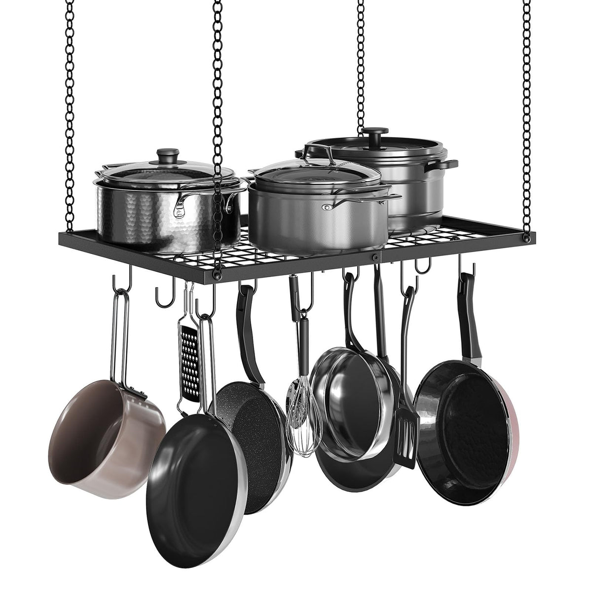 CHOEZON ceiling-mounted pot rack with a sleek black finish for organized cookware