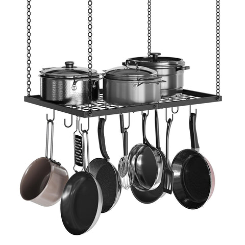 CHOEZON ceiling-mounted pot rack with a sleek black finish for organized cookware