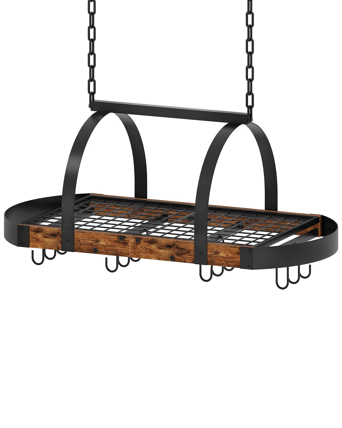 CHOEZON hanging pot rack with mesh shelf helps keep cookware organized.