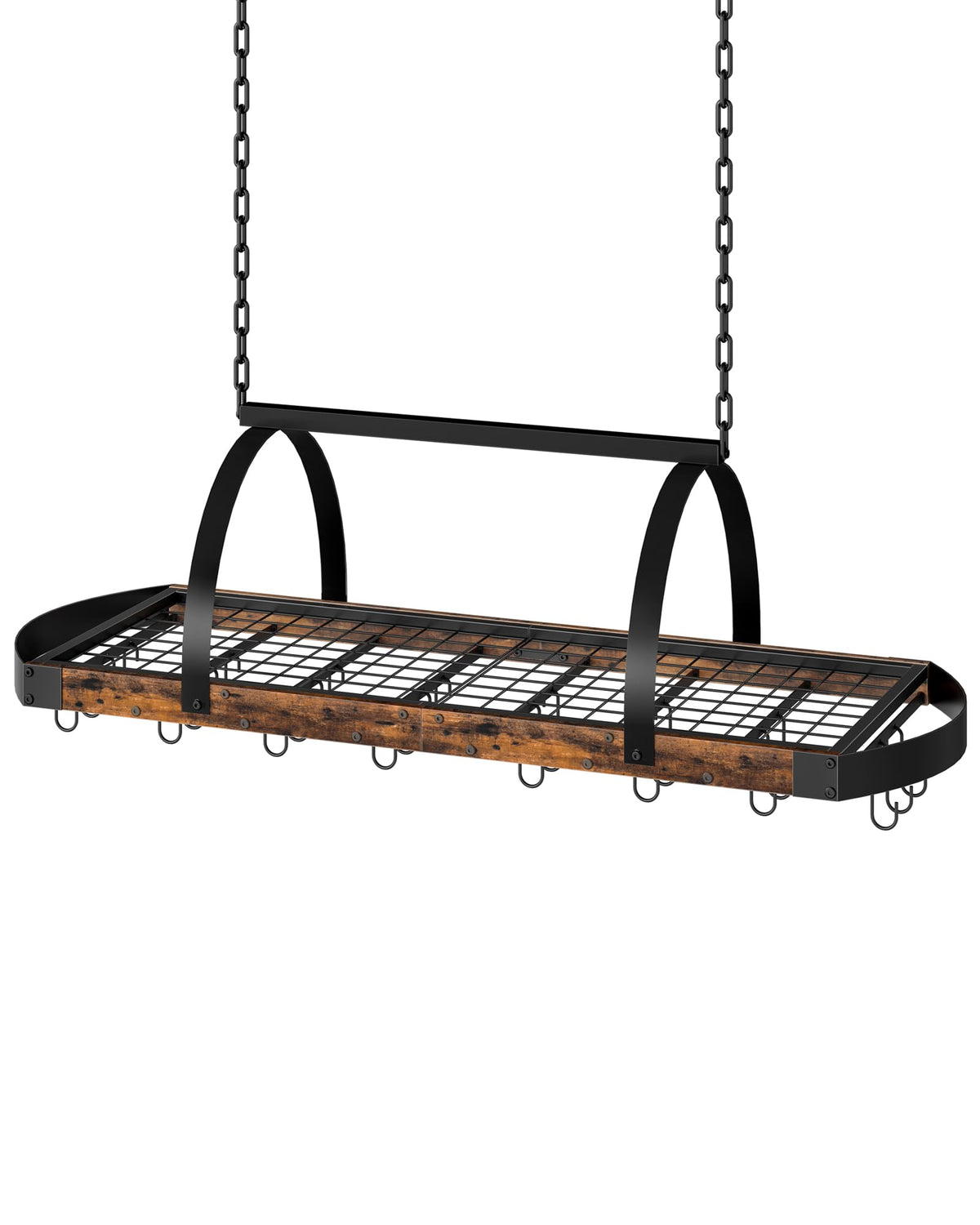 CHOEZON hanging pot rack with mesh shelf for organized cookware storage.