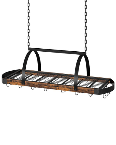 CHOEZON hanging pot rack with mesh shelf for organized cookware storage.