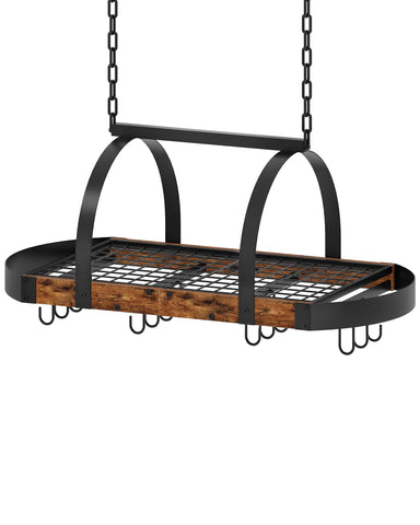 CHOEZON hanging pot rack with mesh shelf helps keep cookware organized.