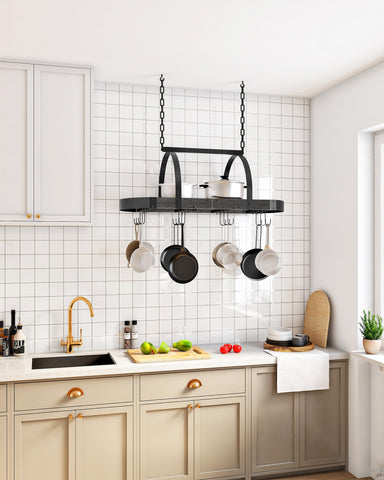 CHOEZON metal mesh shelf provides large capacity for cookware and utensils.